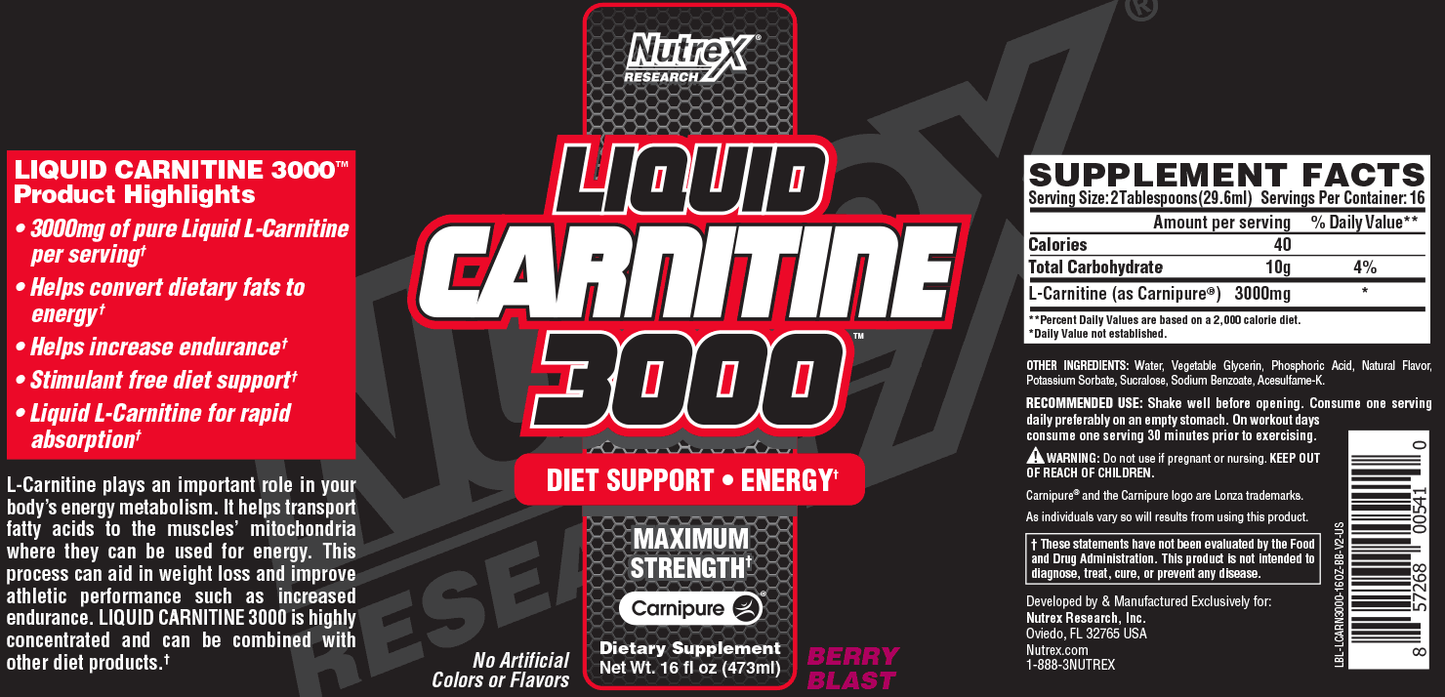 NUTREX LIQUID L-CARNITINE 3000 16 OZ